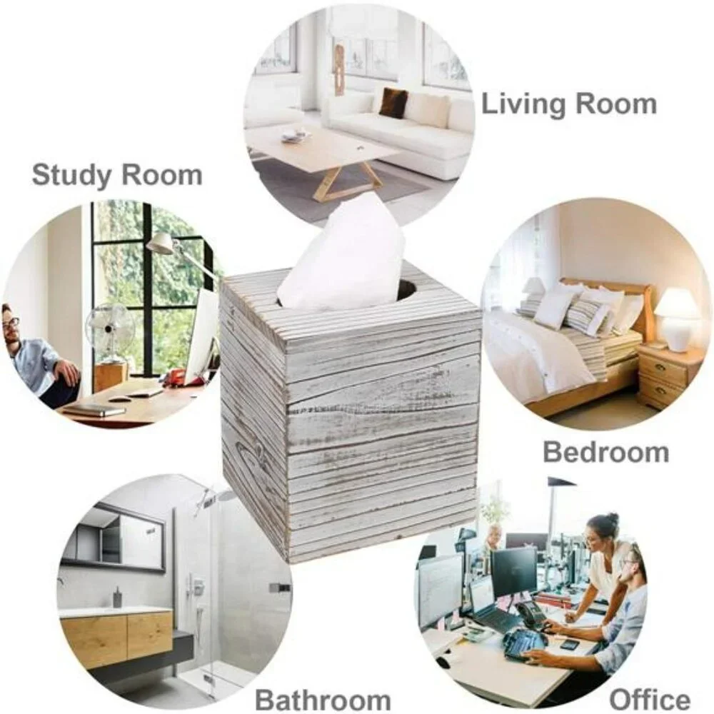 Wood square tissue box cover set of 2 decorative holder for bathroom bedroom off